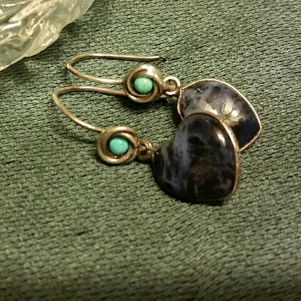 .925 Silver Sodolite Heart & Turquoise Earrings